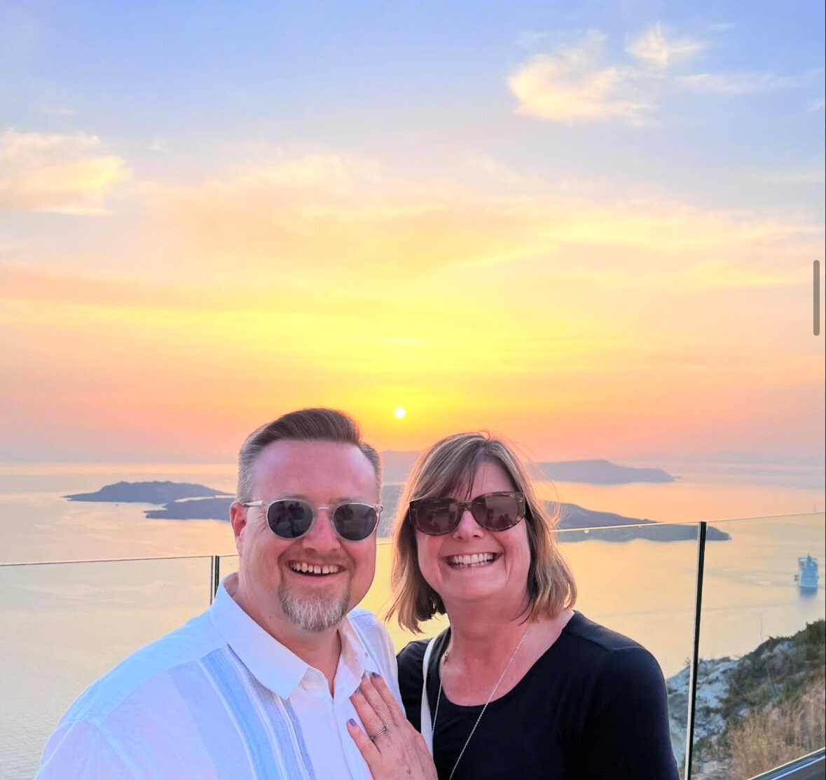 Beautiful sunset with Kelly and Jason smiling