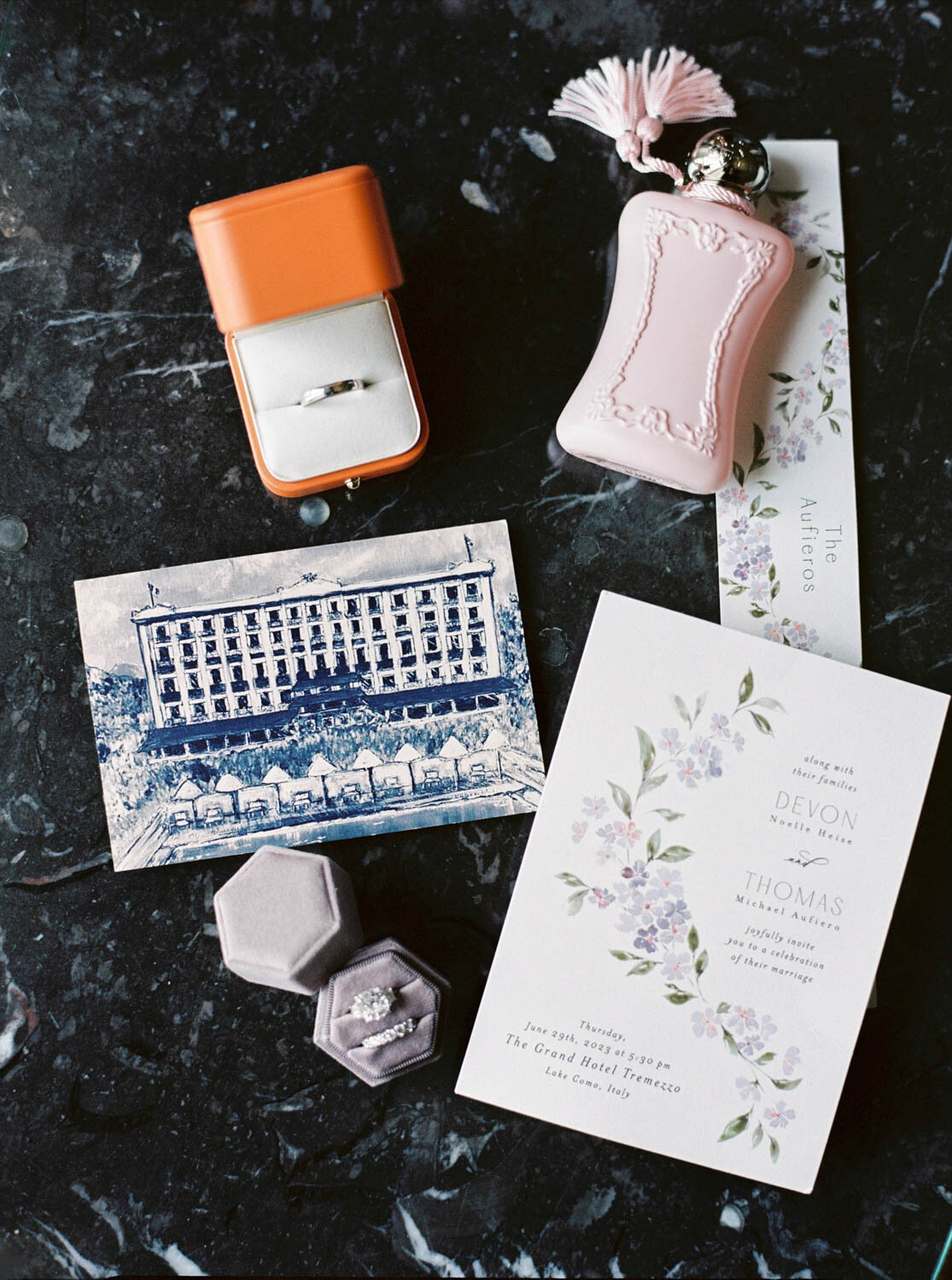 Wedding Stationery on dark marble table