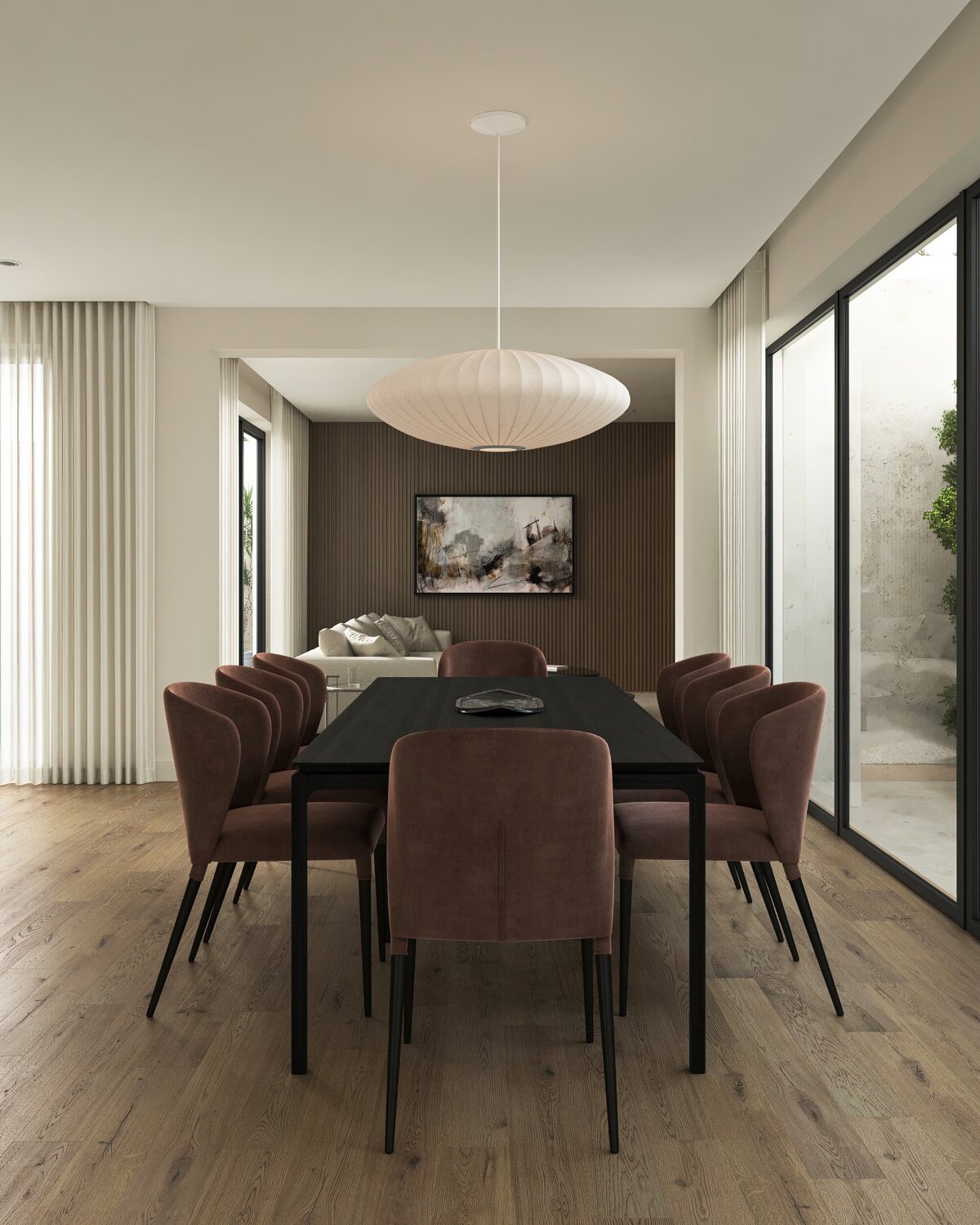 modern dining room with velvet chairs