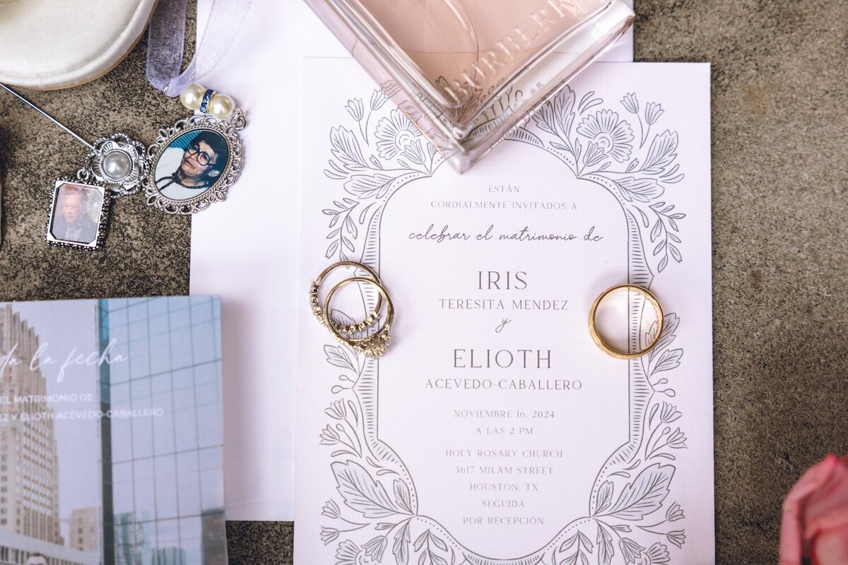 Elegant Houston wedding invitation suite and rings