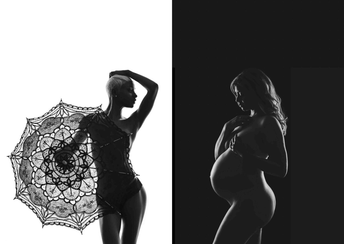 black and white photography, umbrella,  maternity, nude