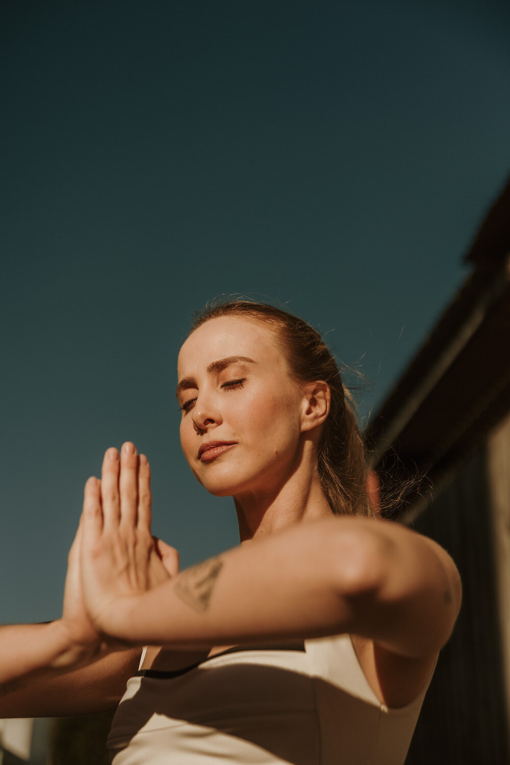 Yoga pose close up. Sunshine Coast brand photography capturing golden hour