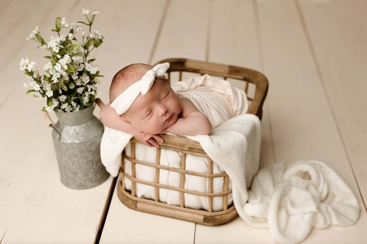 Bright and airy portrait of newborn in basket with flowers