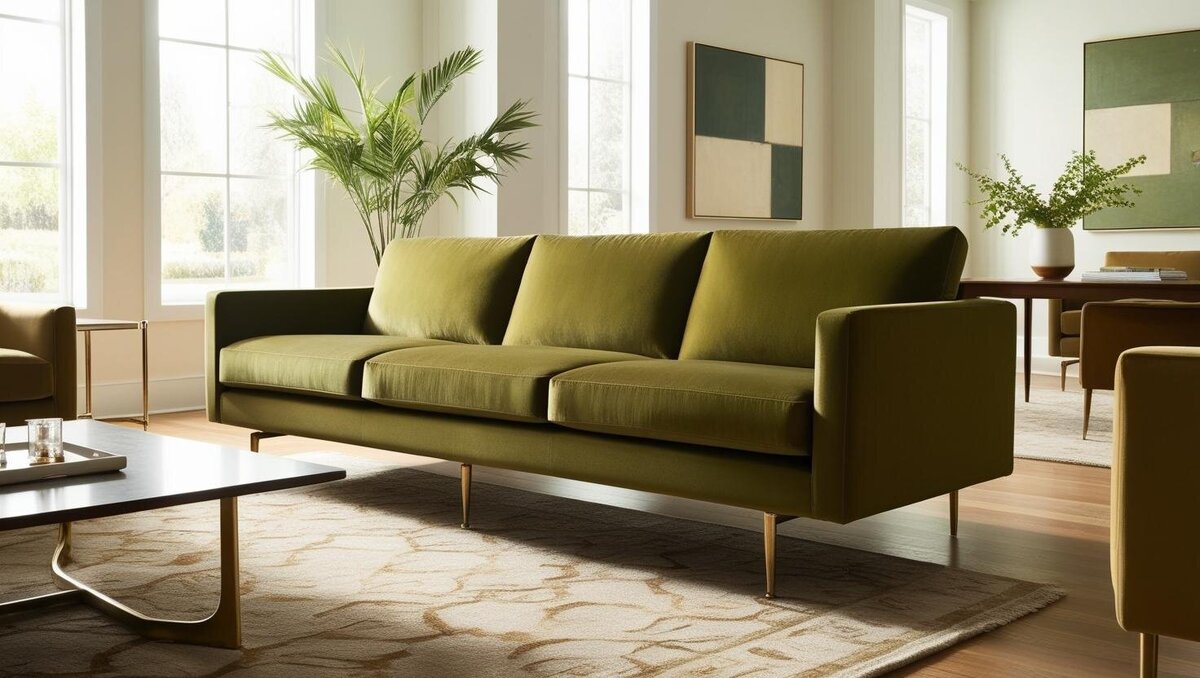 A striking olive velvet sofa with brass legs takes centre stage in this mid-century modern living room, surrounded by furniture featuring brass accents and classic midcentury lines. In the background, a dining room seamlessly complements the style, while framed geometric artworks in green and cream add a refined touch.
