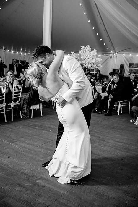 Black and white photo of first dance at reception