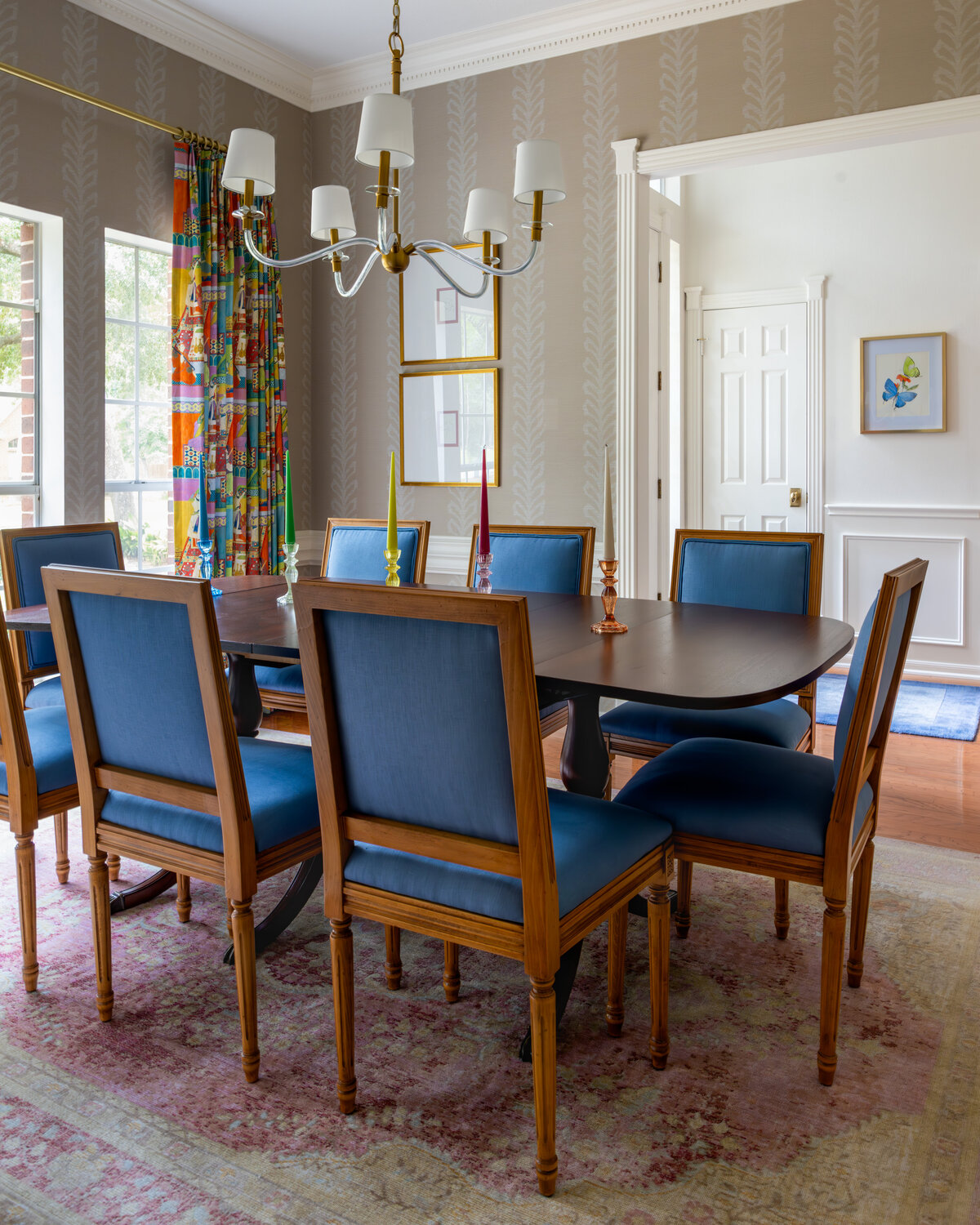 kyleen bushroe interiors blue chairs dining space