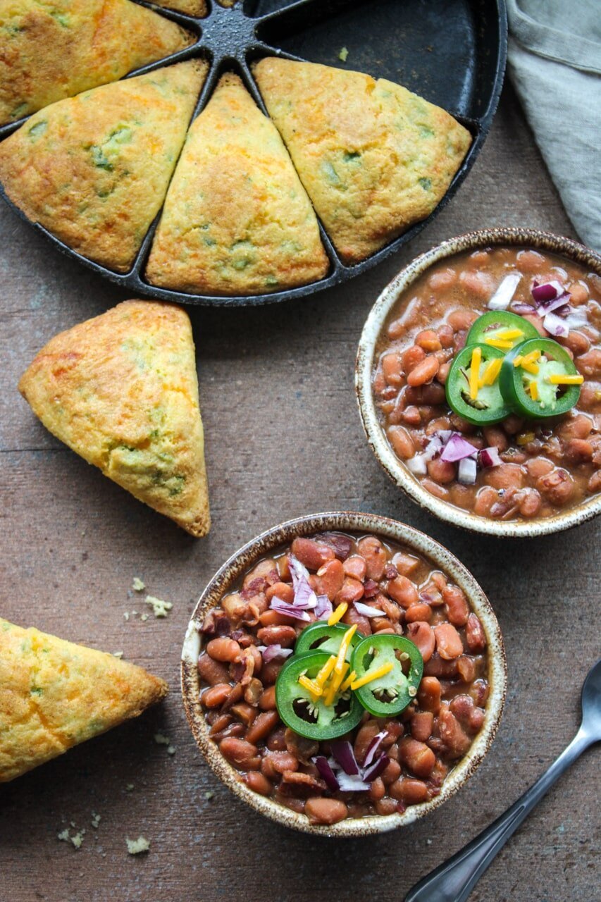 bowl of soup beans and cornbread