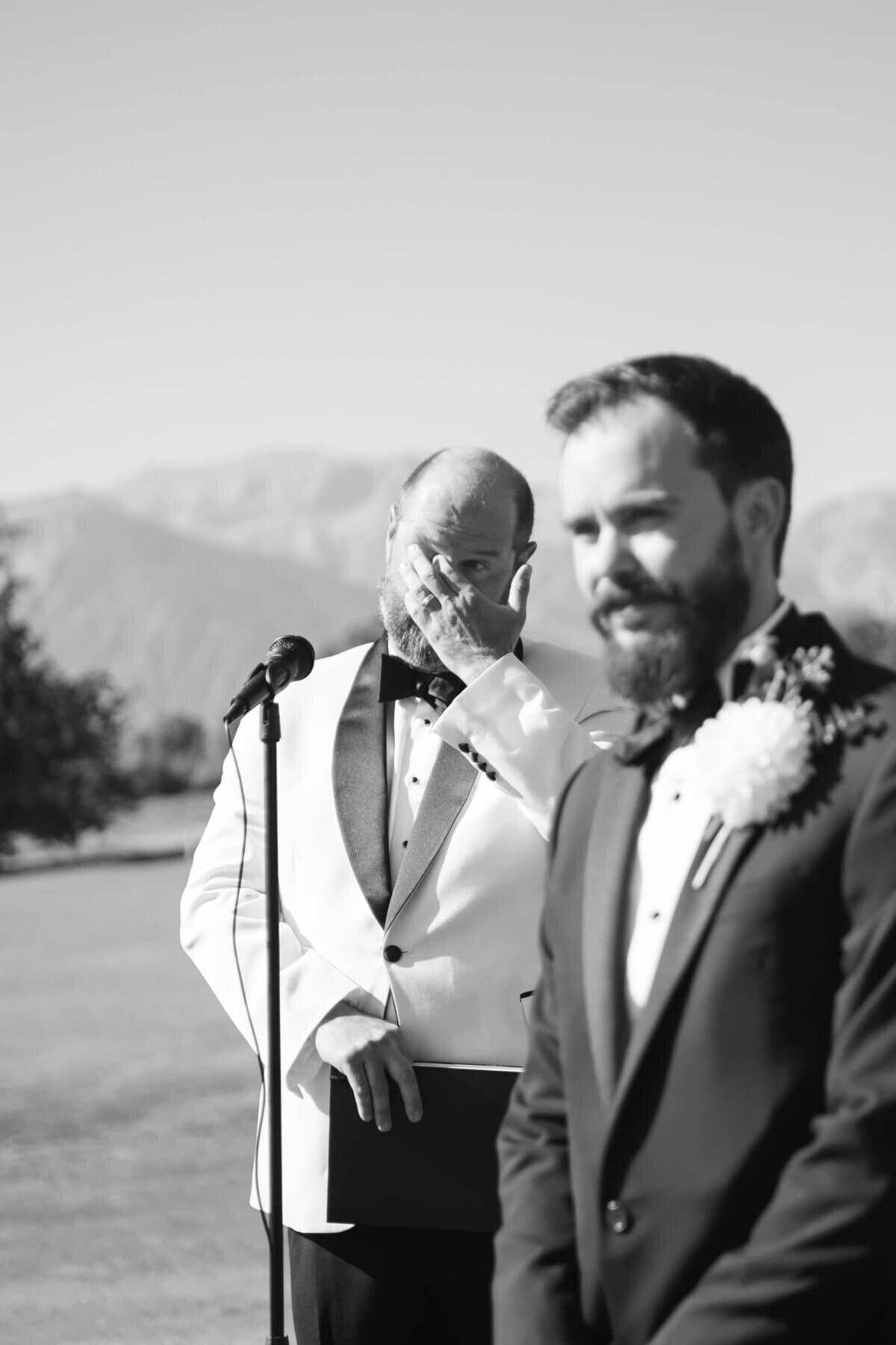 officiant at a jackson hole wedding is crying