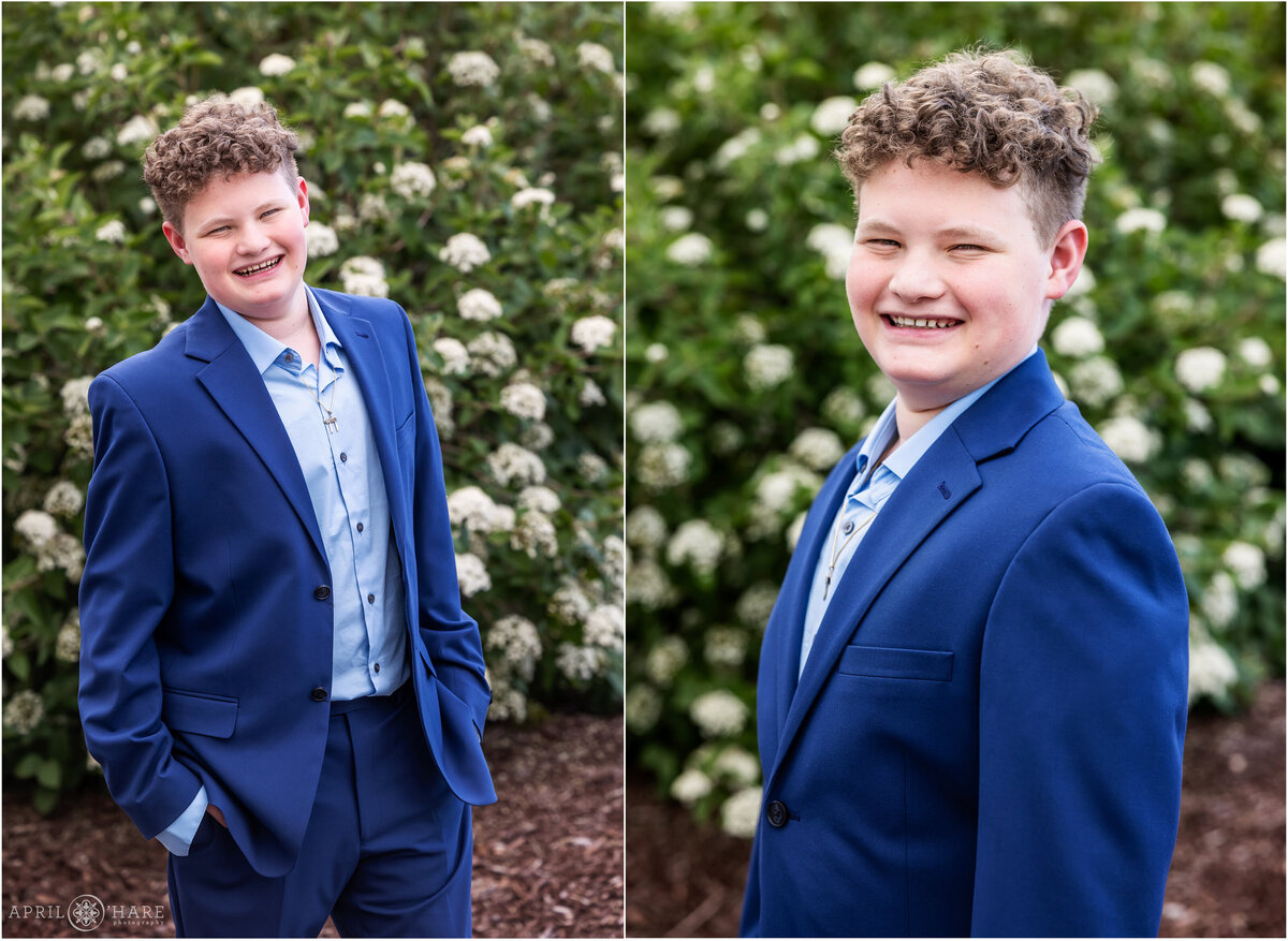 Portrait of a Bar Mitzvah Boy During Spring with Blossom Backdrop