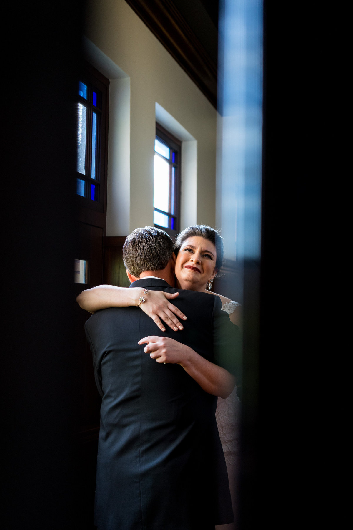 Bride crying for the father daughter first look at the Hotel Emma wedding venue
