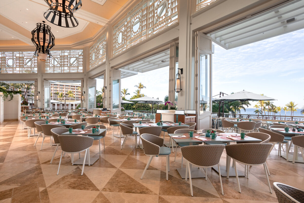 The large windows at the 'Ikena restaurant at the Grand Wailea, Maui, showing the views from your dining table.