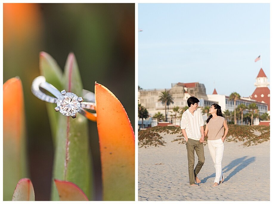 engagement ring and couple walking in sand