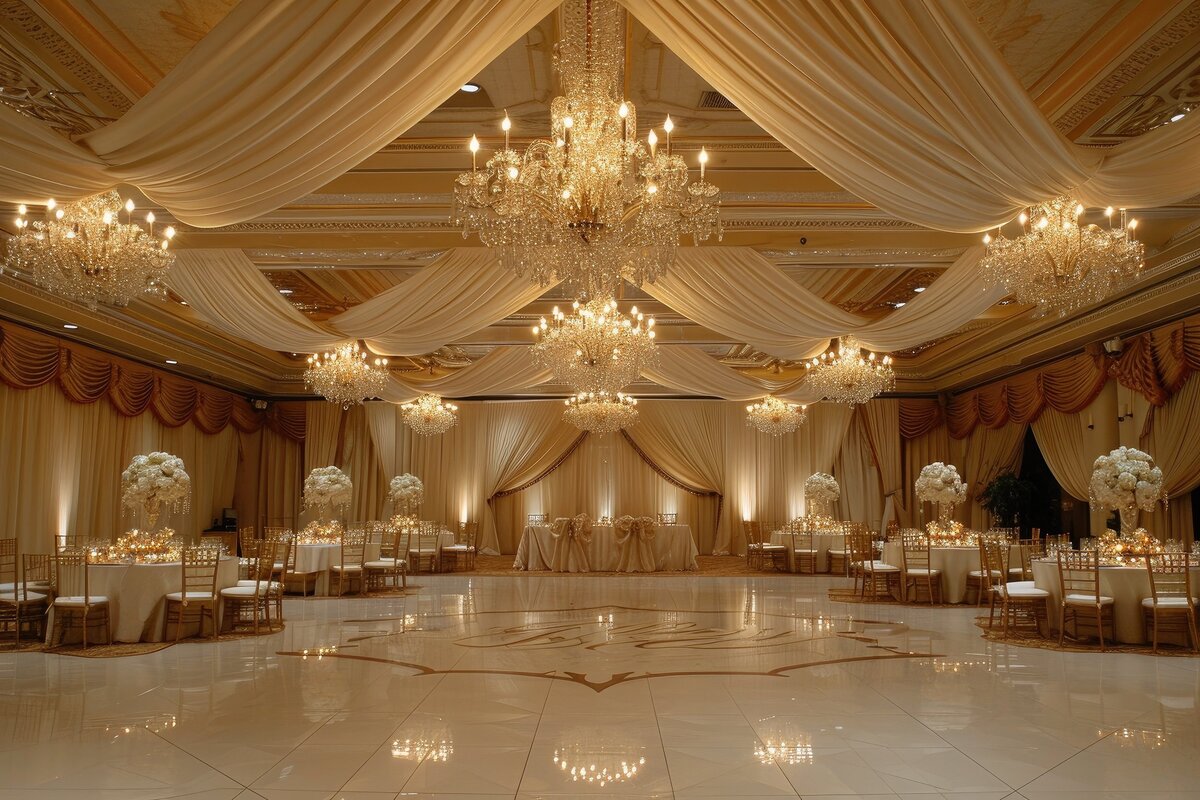 Elegant ballroom with drapery for wedding