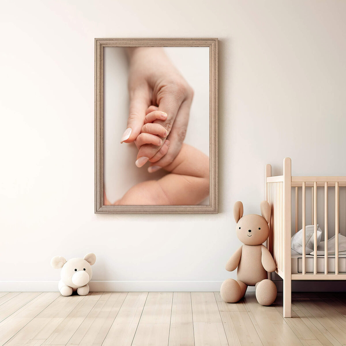 Large wooden frame with newborn picture.