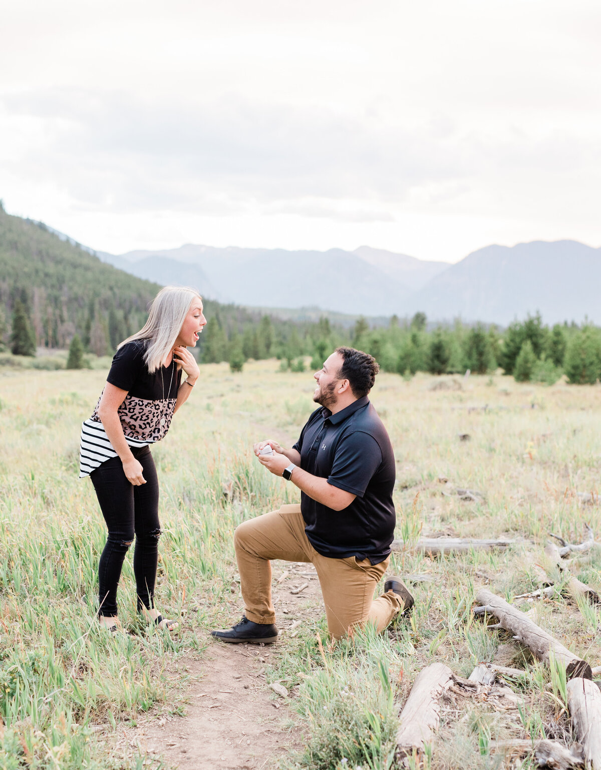 A man is down on one knee proposing to his girlfriend. It is summer and they are in a large mountain meadow