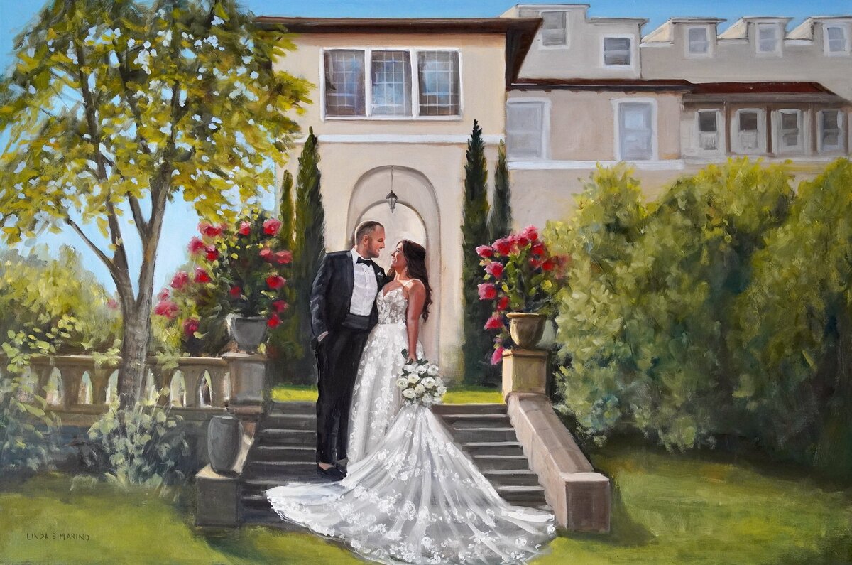 live wedding painting of bride and groom standing on steps outside Aldsworth Manor Wedding Venue NH