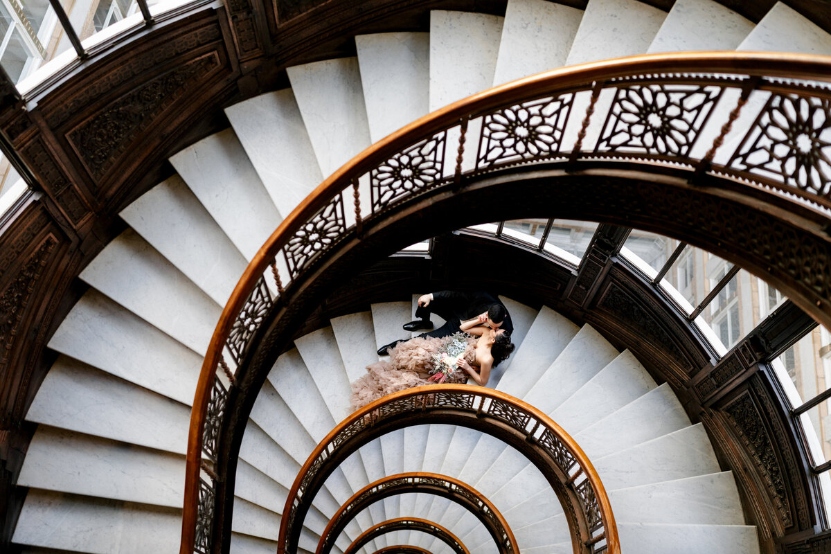 Aspen-Avenue-Chicago-Wedding-Photographer-Rookery-Engagement-Session-Histoircal-Stairs-Moody-Dramatic-Magazine-Unique-Gown-Stemming-From-Love-Emily-Rae-Bridal-Hair-FAV-33
