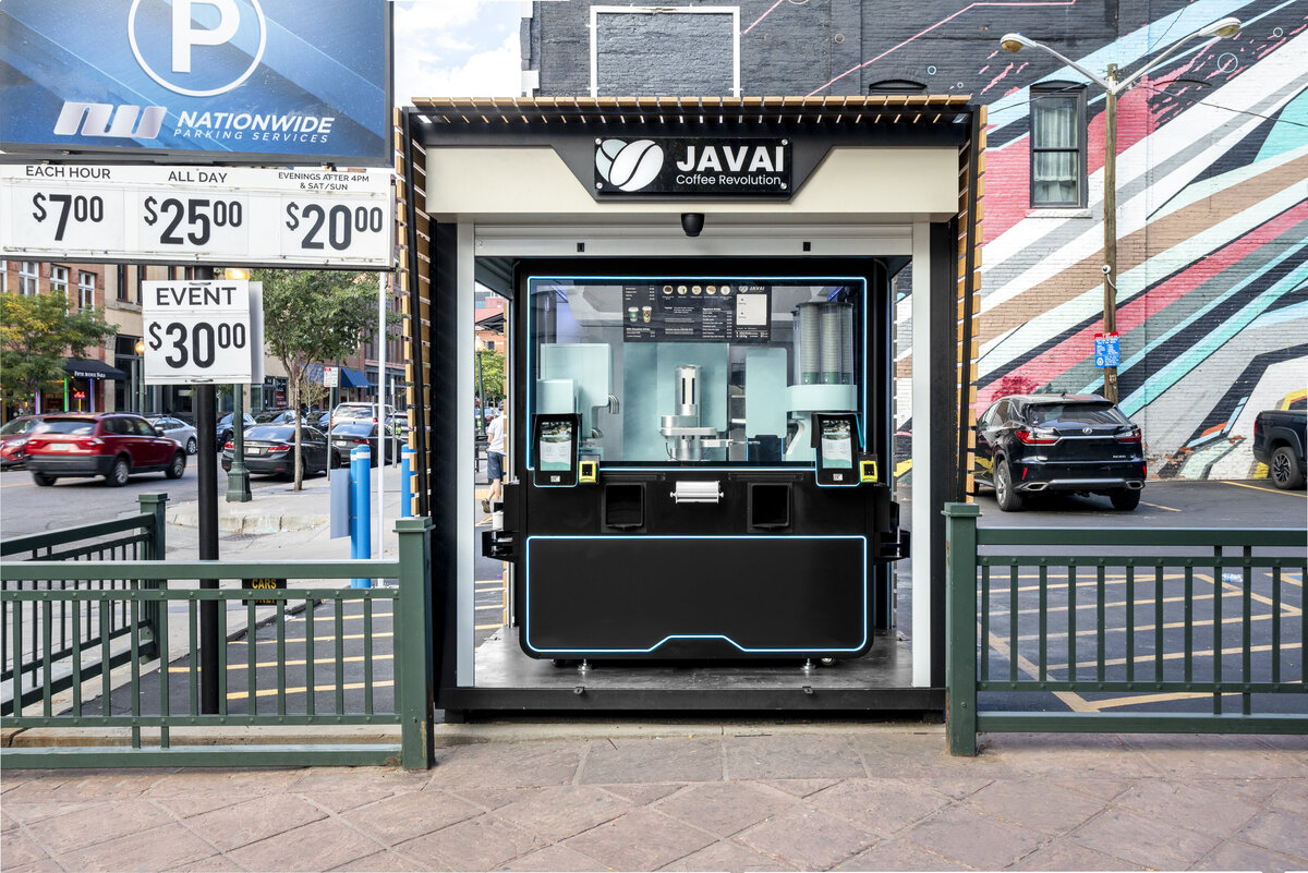 Javai coffee robotic barista vending machine on the corner of 16th street and Wazee street in downtown, Denver.