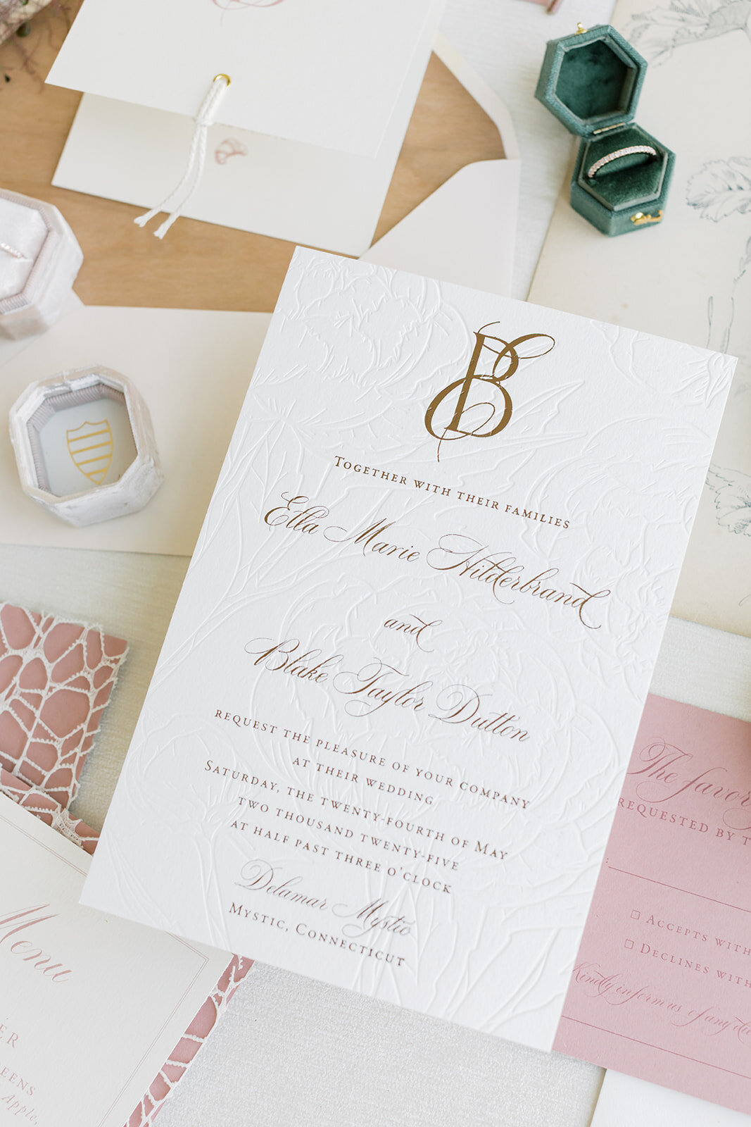 embossed-flowers-wedding-invitation-copper-monogram
