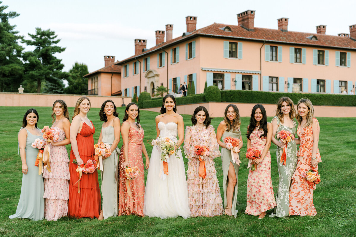 Bridal party on garden lawn at glenmere mansion