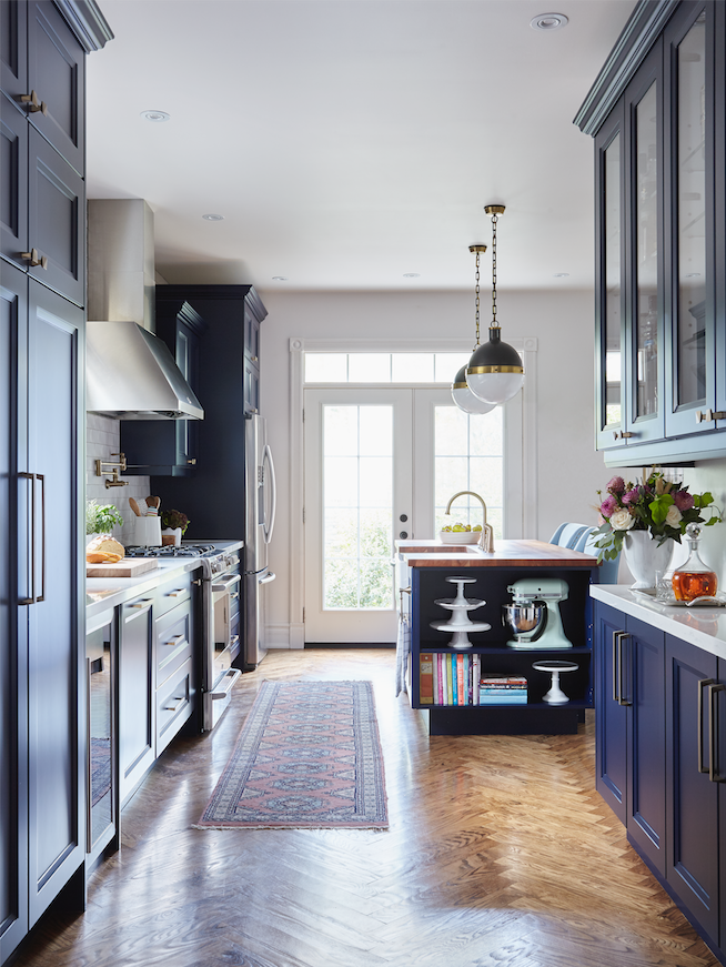 blue kitchen cabinets and island in Burlington interior designer's home