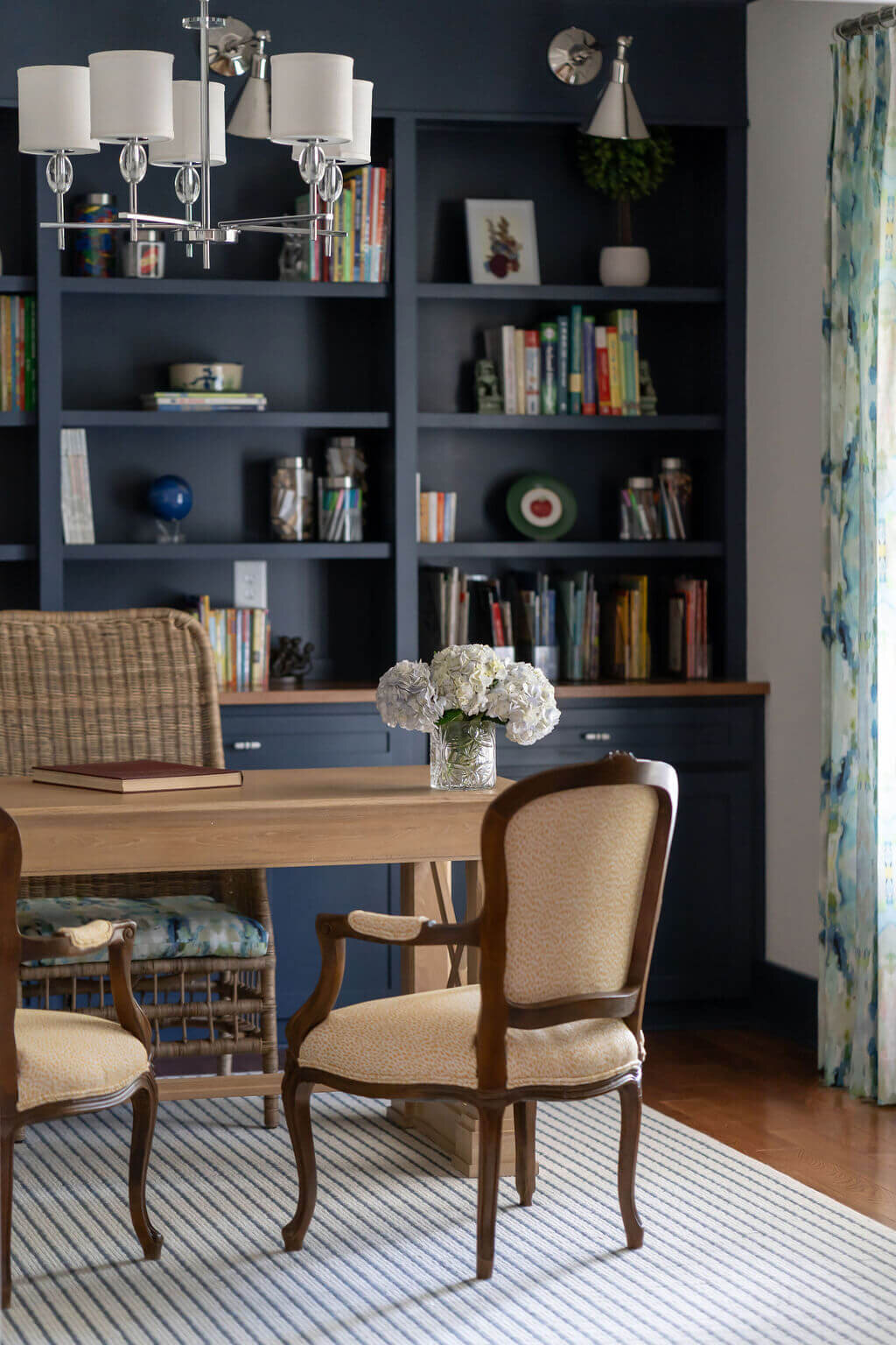 sweet southern home craftsman cutie wooden and ivory armchair in dark blue study