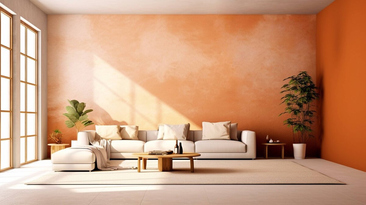Minimal living room with a white sofa, terracotta walls, natural light, and greenery creating a warm, airy feel.