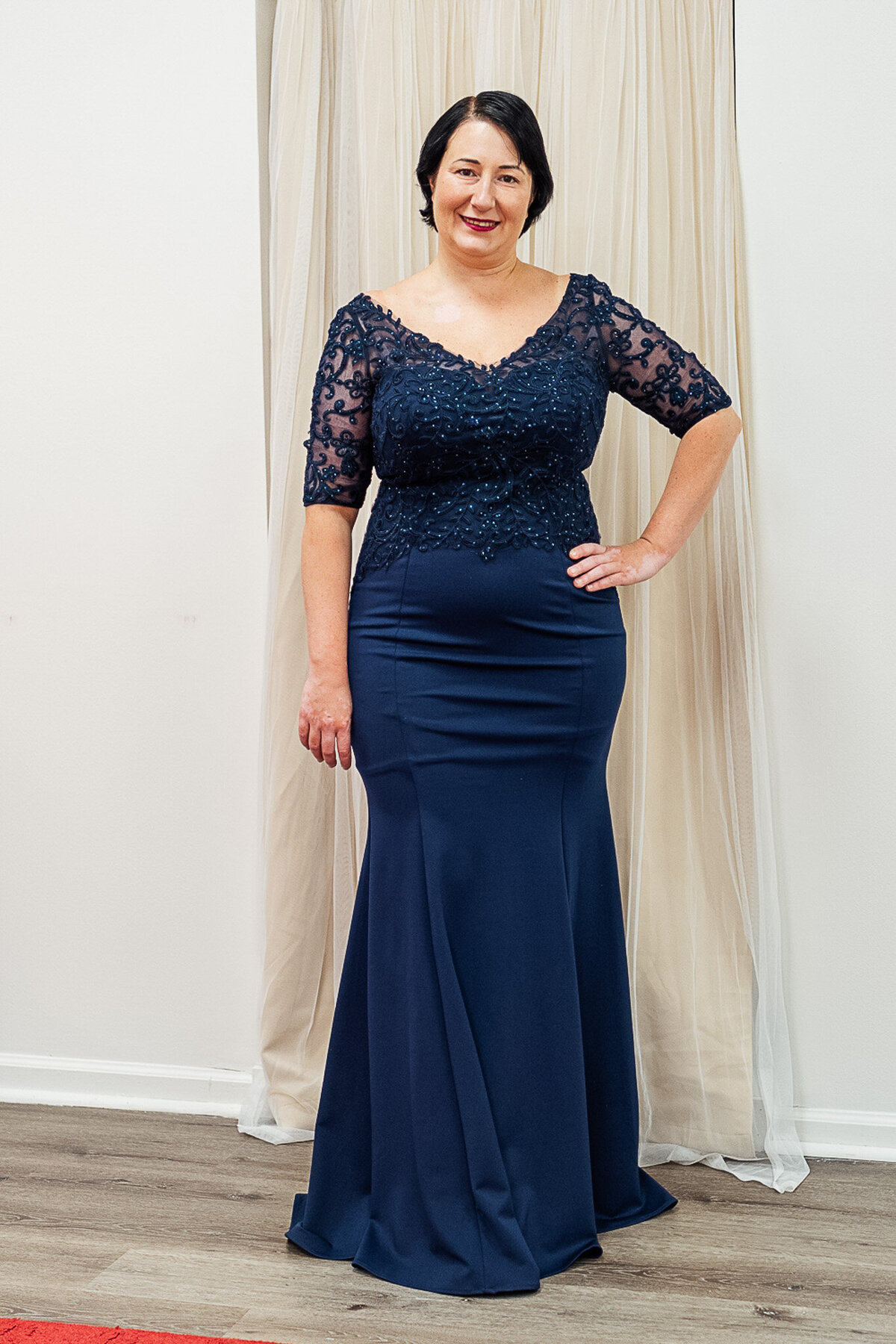 Navy-Blue-MOB-Dress-with-Three-Quarter-Sleeves