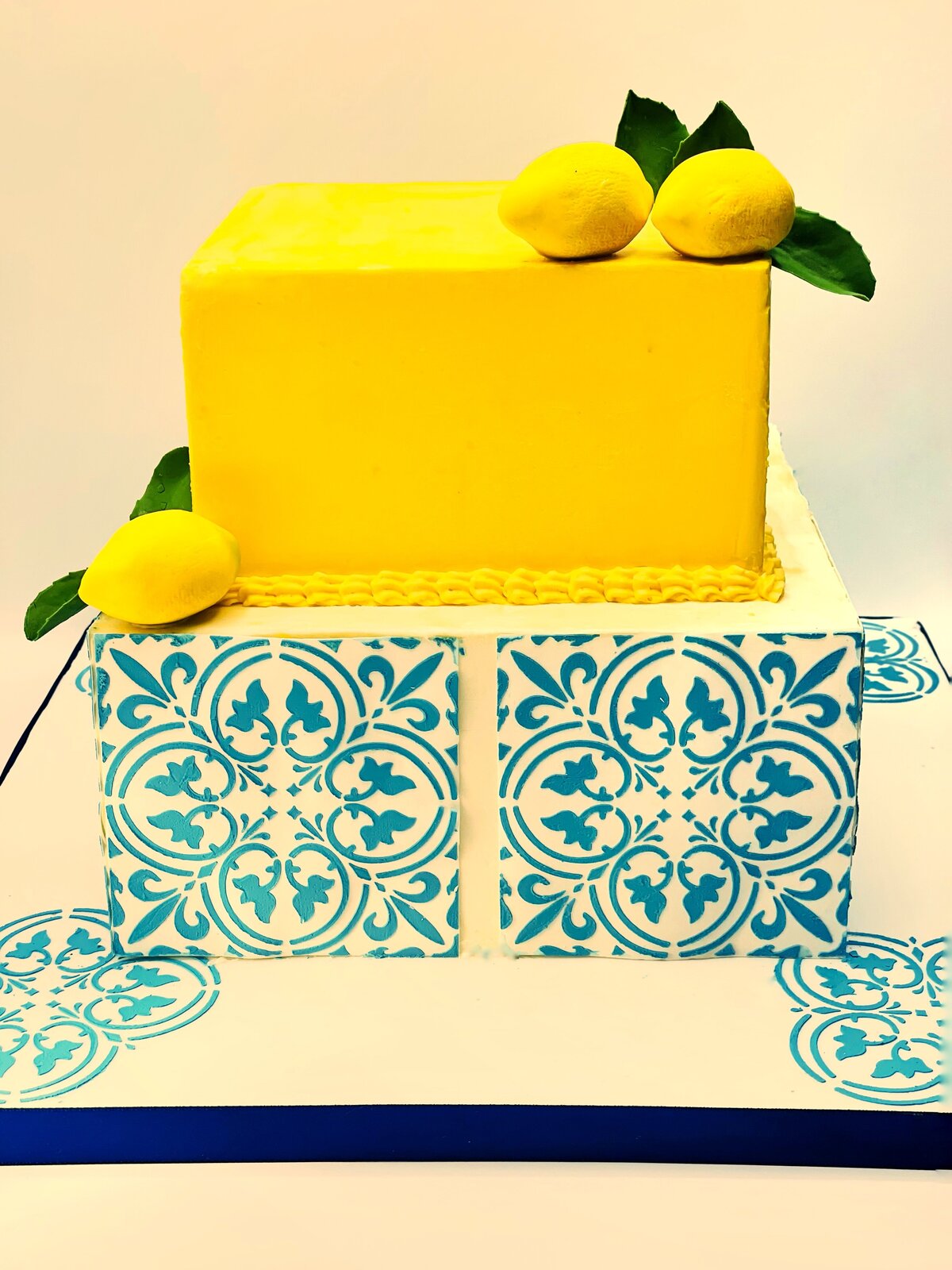 blue tile-lemon- bridal shower-cake
