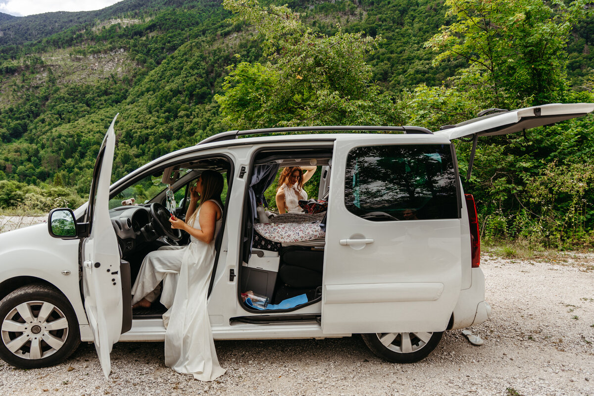 romantic couple in Soča Valley river elopement