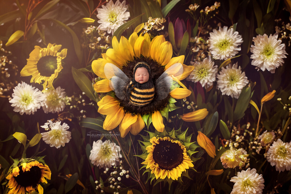 Newborn girl sleeping in a sunflower bowl — Milton newborn photographer session