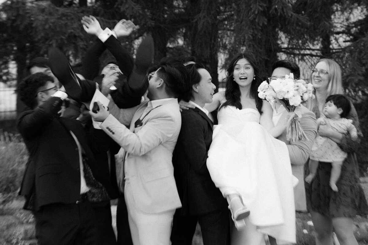 Luxury wedding in Europe – sophisticated bride in a modern wedding gown and groom in a timeless suit.