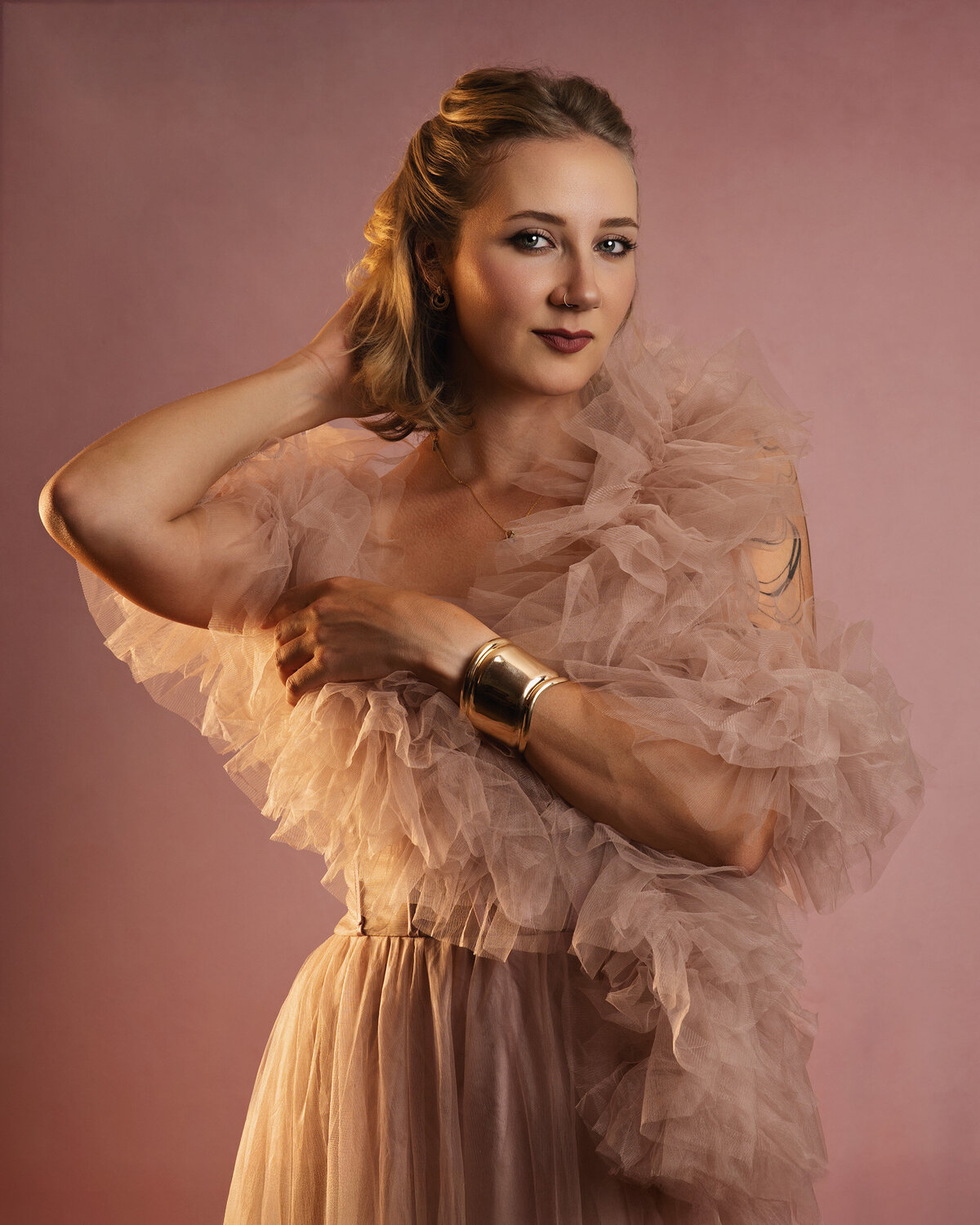 Luxury fine art glamour portrait in Bellevue by AMM Fine Art Studio — nude, dreamy gown with painterly textures.