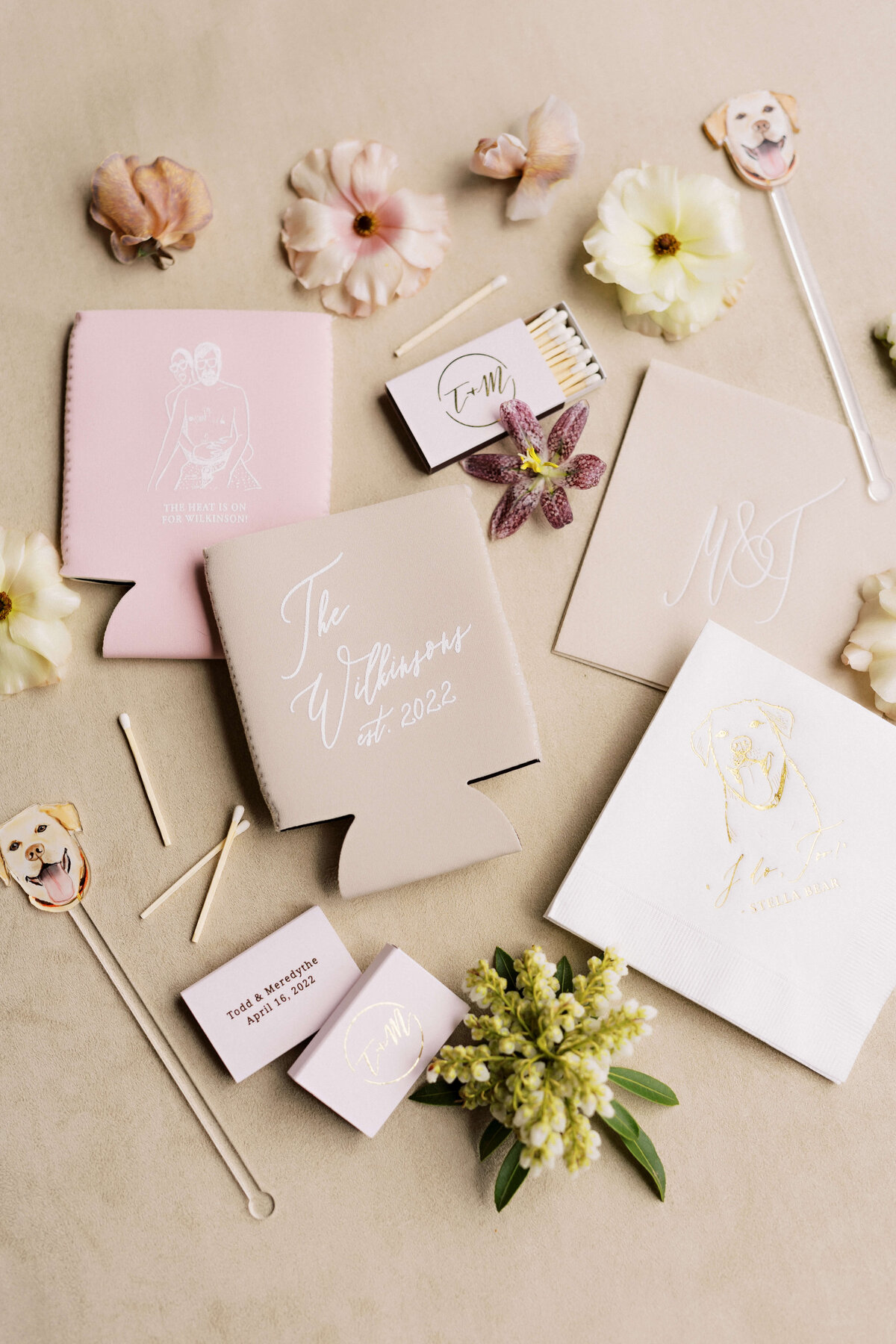 coozies and day of stationery for spring wedding