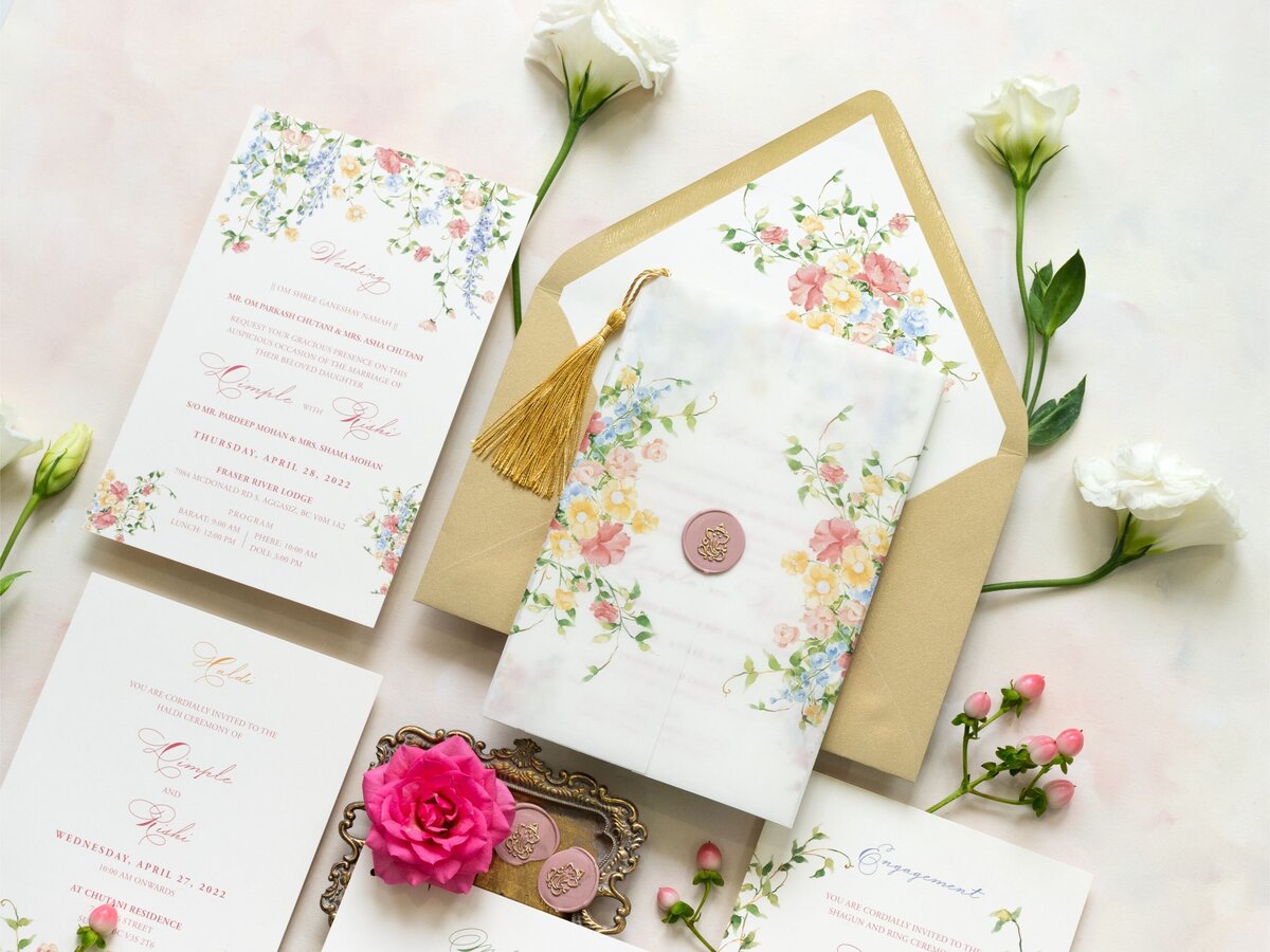 Spring florals Hindu wedding invitation 11