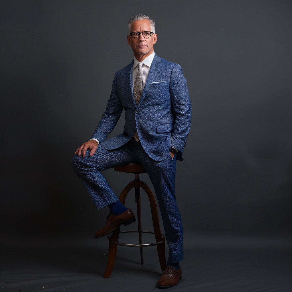 Professional headshot of businessman in blue suit seated on stool against plain gray studio background new york.
