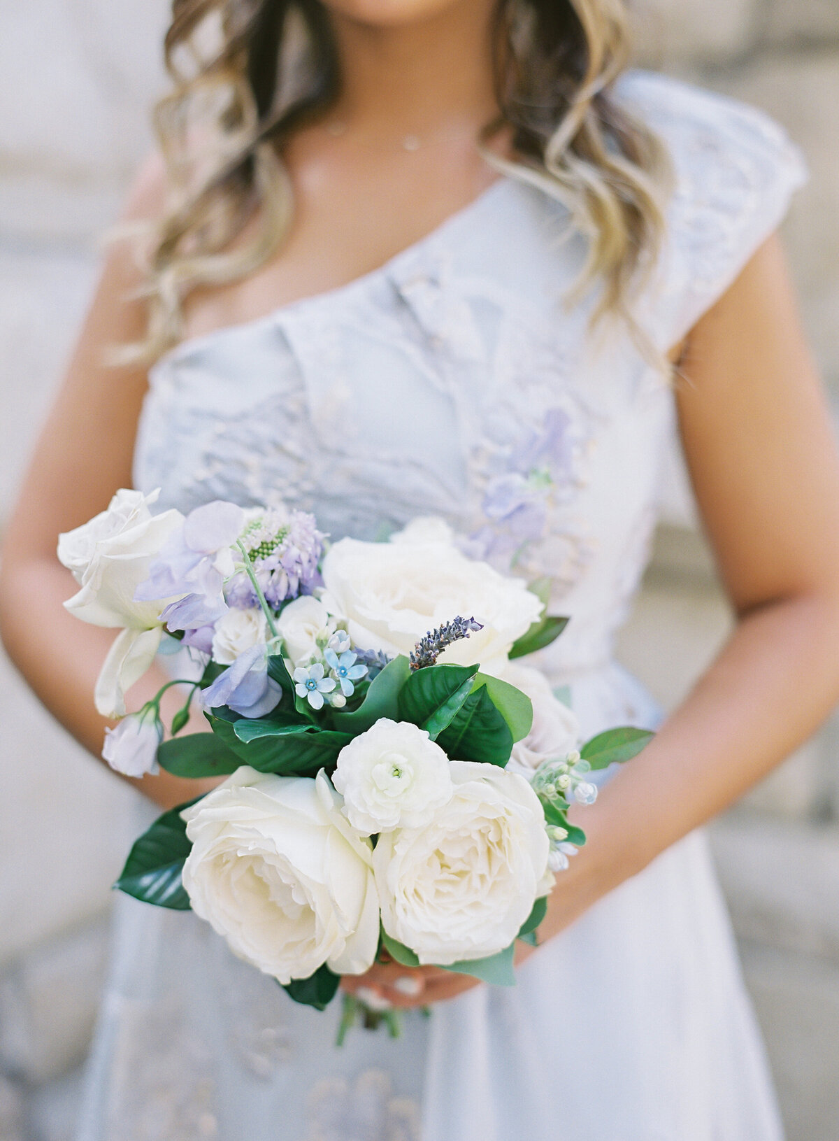Kate Campbell Floral cream blue and lavender bridal bouquet sweet pea garden roses tweedia bridesmaid