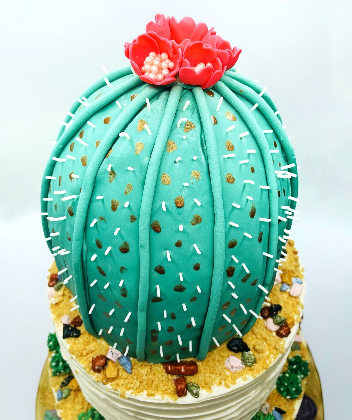Carved barrel cactus cake with red sugar flower blooms