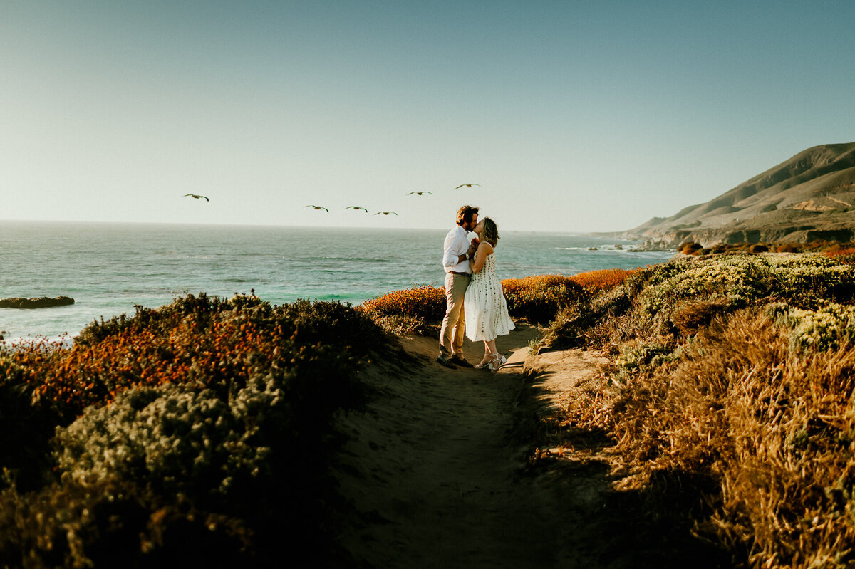 Newly engaged couple kissing on a wildflower-lined bluff trail at Garrapata State Park in Big Sur, with pelicans flying over the ocean and the coastline behind them