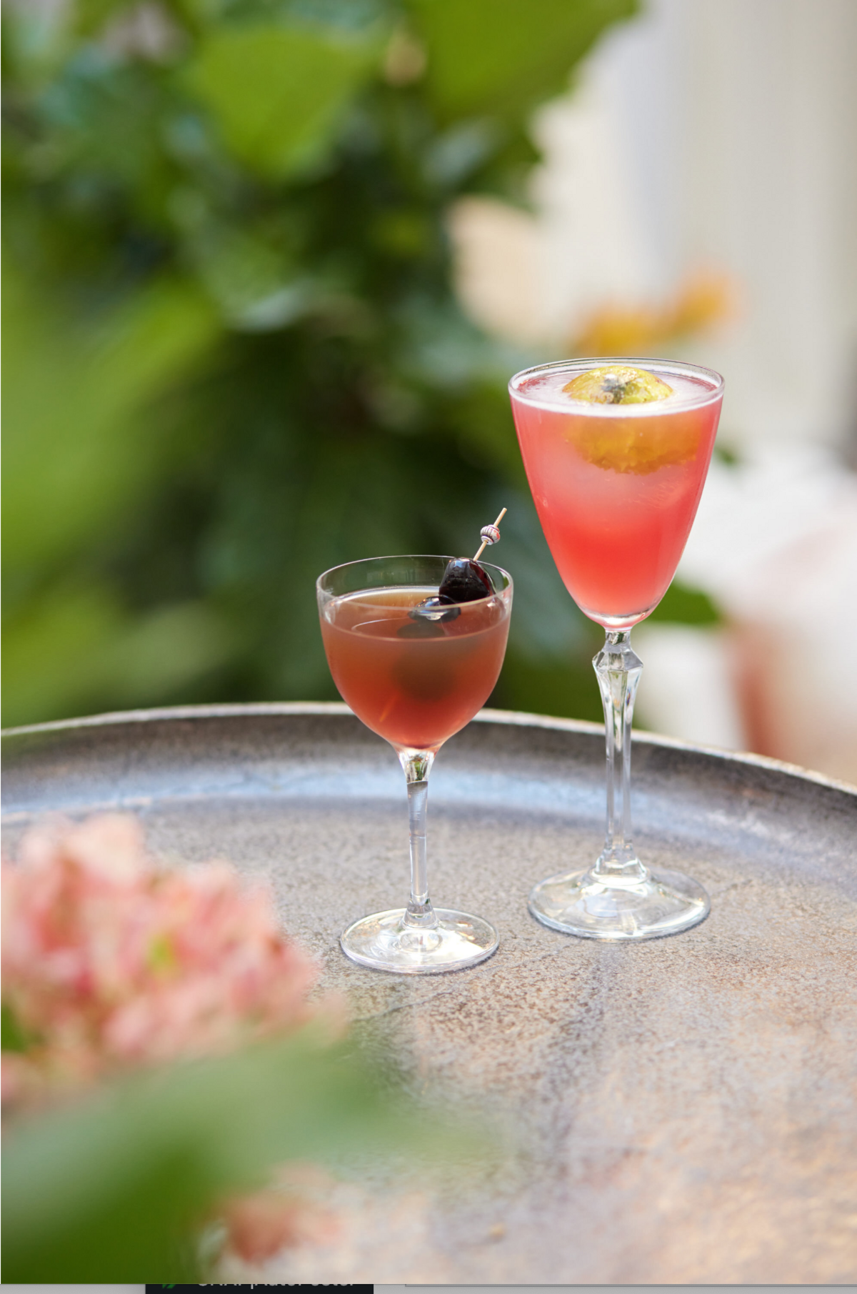 Two elegant cocktail glasses on a round metallic tray. The left glass holds a dark cocktail garnished with a cherry, while the right glass contains a pink cocktail garnished with a slice of lemon and a cherry. Out-of-focus green plants are in the background.
