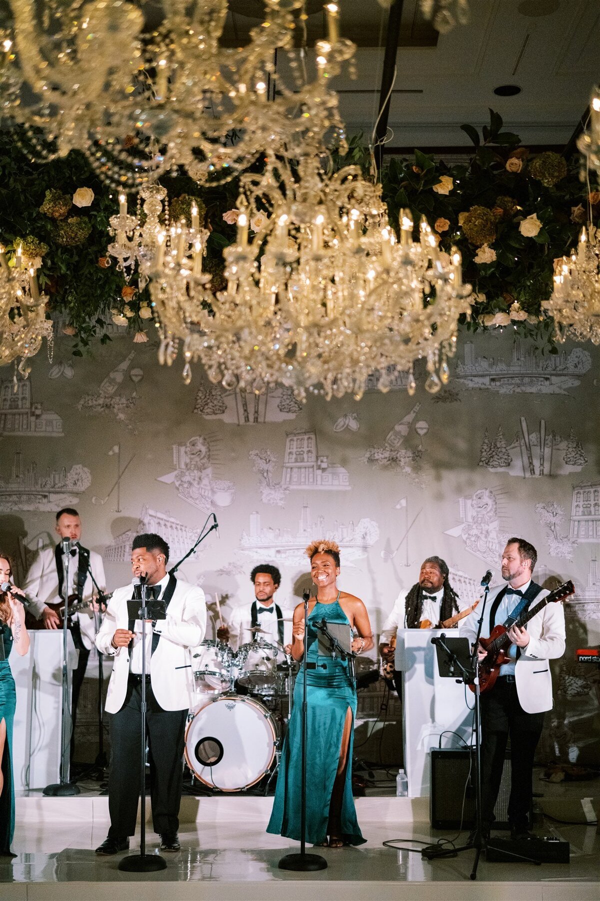 A picture of the band performing at the wedding at the Peninsula Chicago.