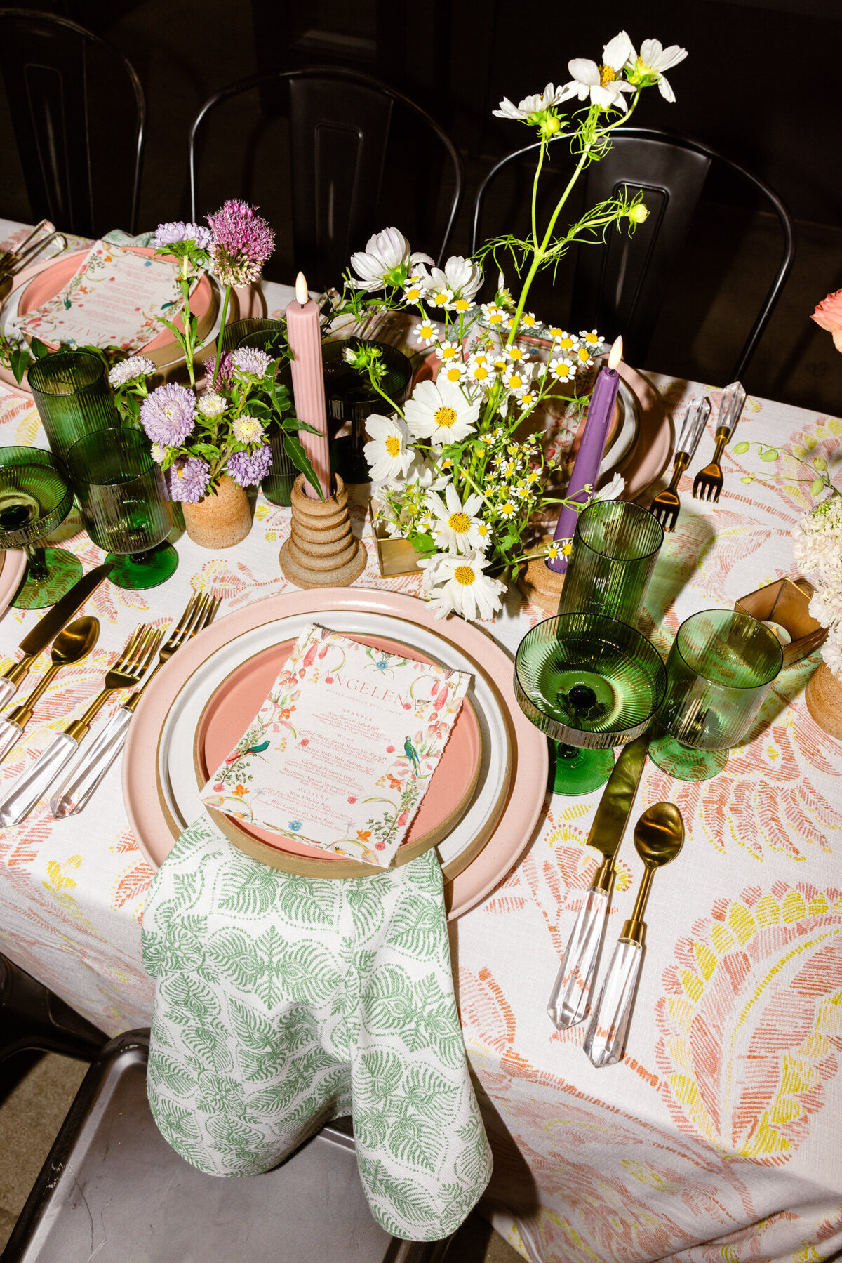 Green and pink reception tables at Playa Studios