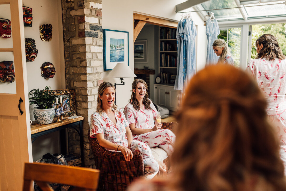 Bridal party getting ready together in London Garden Cottage