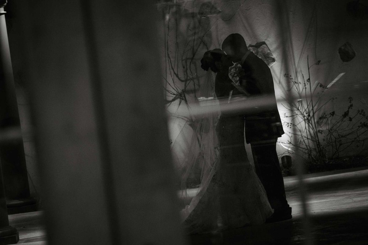 Black and white photo of bride and groom at Larkfield Manor