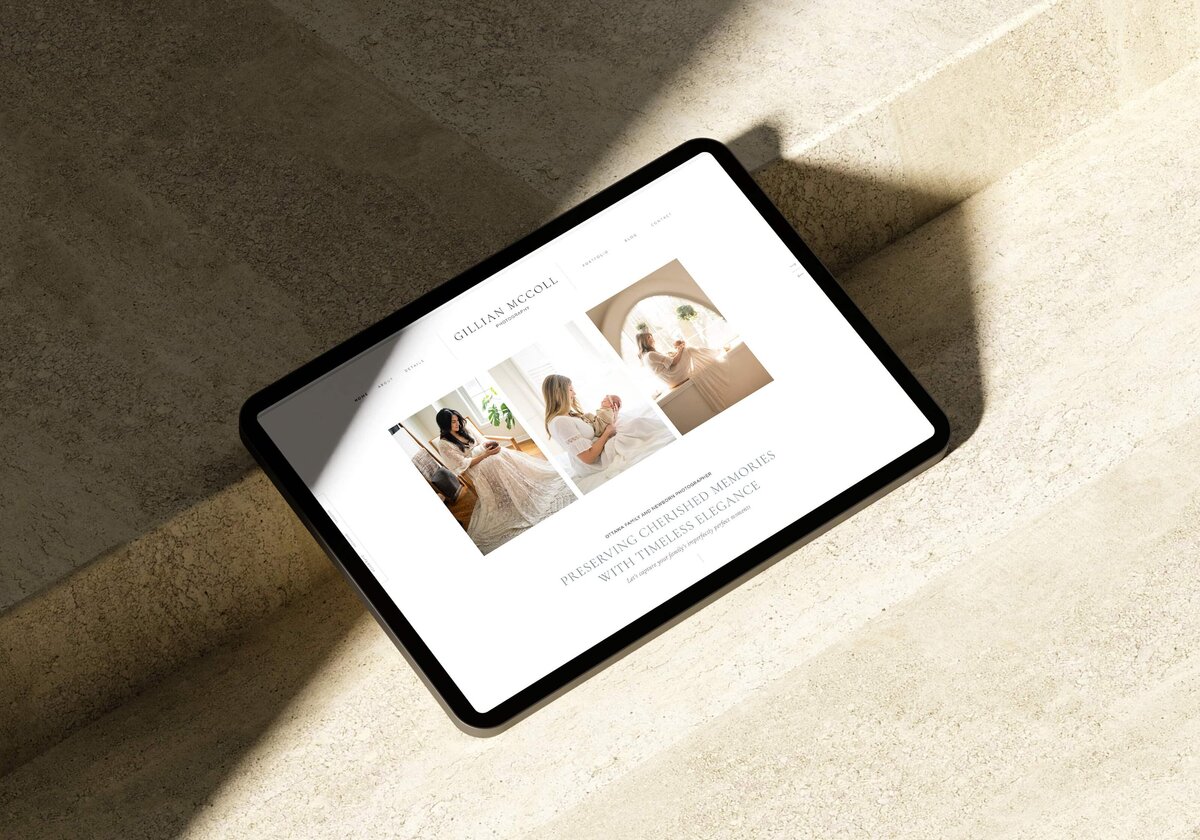 A tablet displaying a photography website with three images of a woman in light-toned settings, accompanied by the text "PRESERVING CELEBRATED MEMORIES WITH TIMELESS ELEGANCE" illustrates exemplary branding and website design.