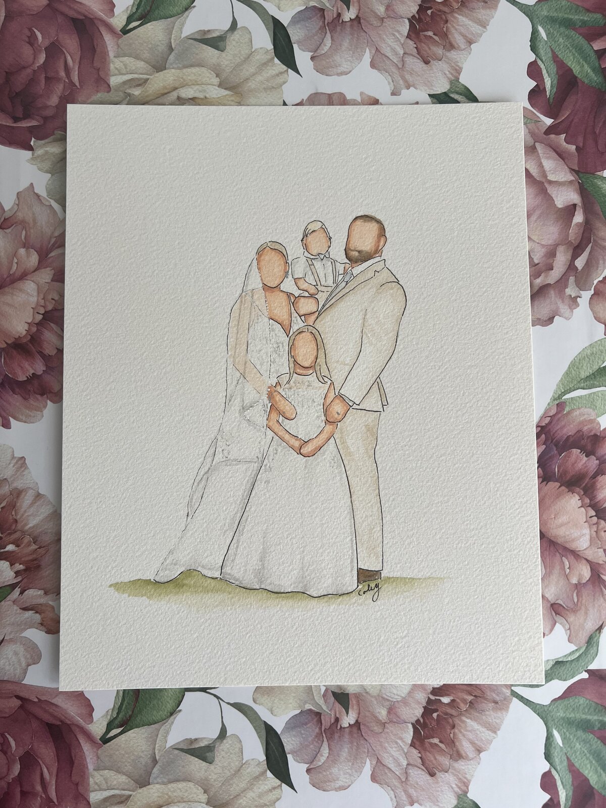 Watercolor Family Portrait from Wedding in Cape Cod