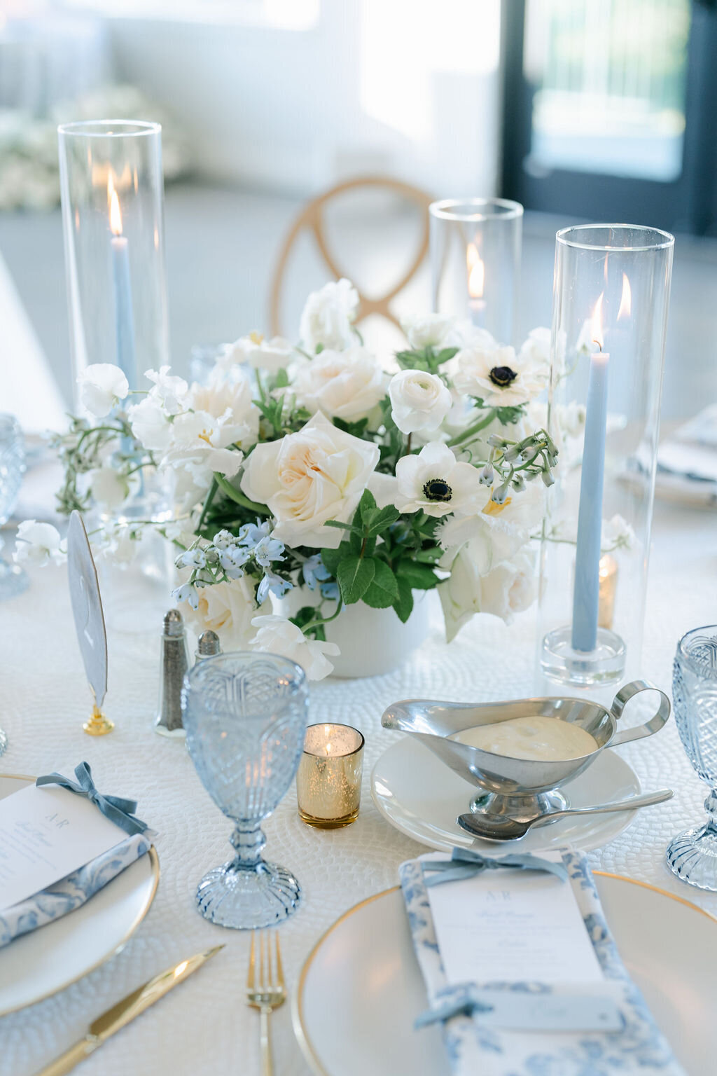 taper candles, light blue, white ceramic, low centerpiece