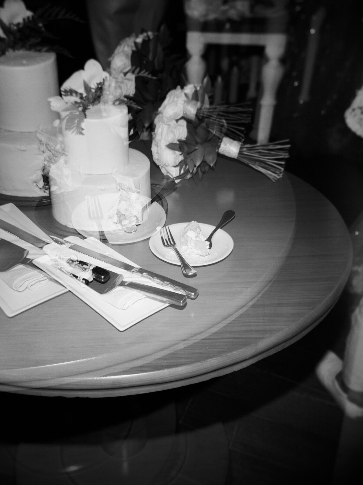 Film photo of simple wedding cake cut, aftermath, orchids on wedding cake, Mexico wedding