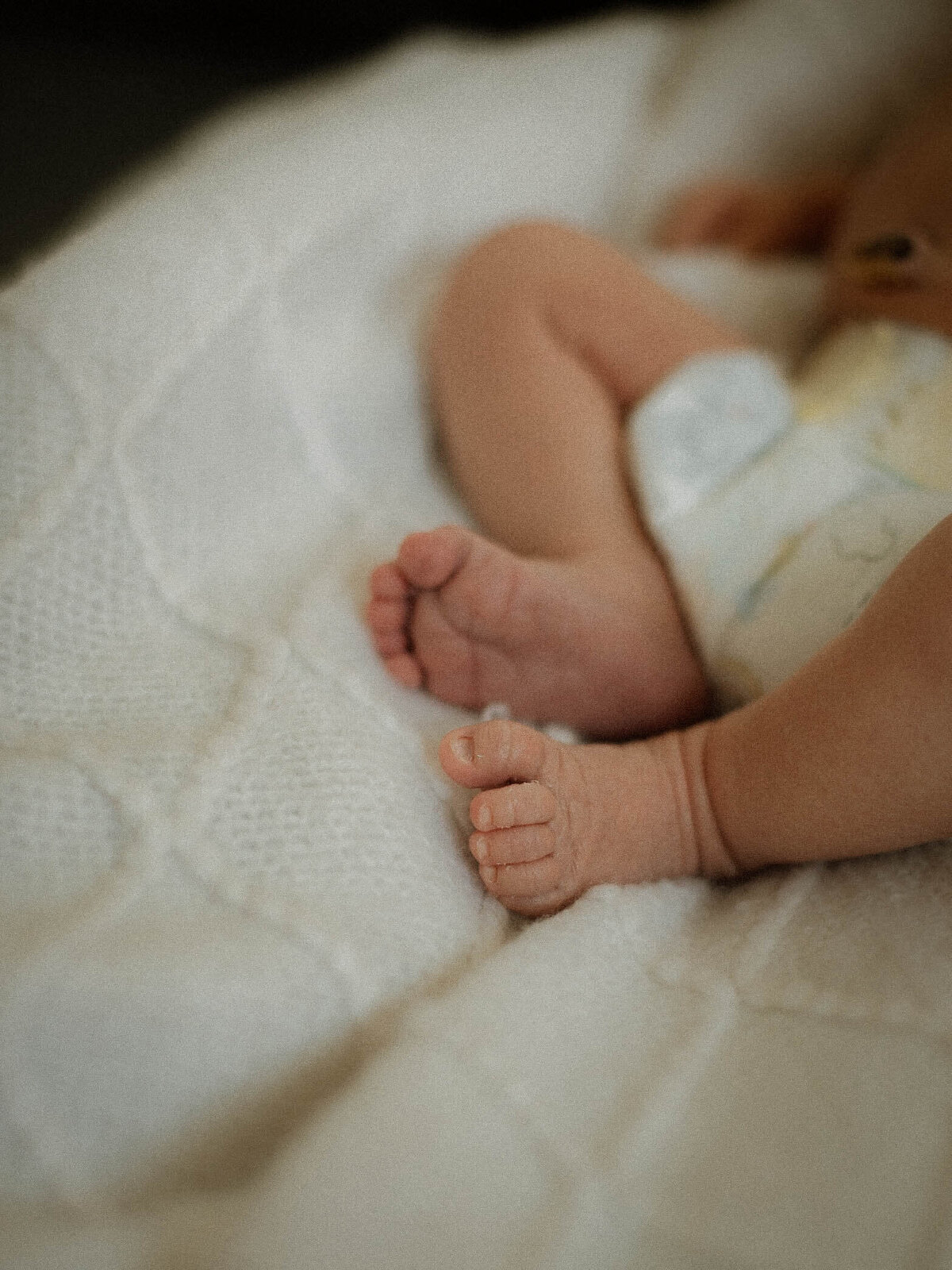 Newborn detail of baby's little feet during a home newborn session.