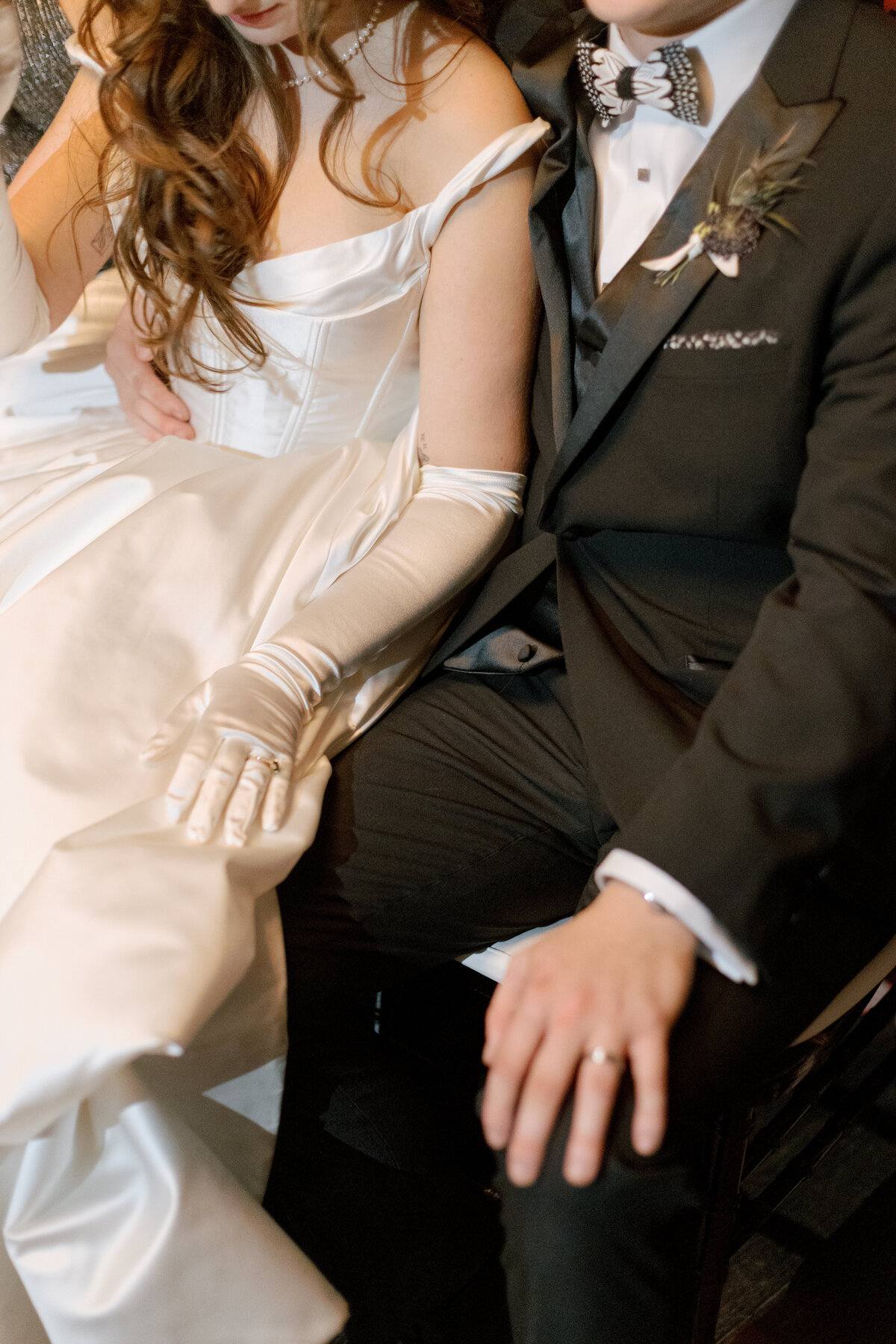 A photo of the bride and groom during the reception  at their Astorian wedding in Houston.